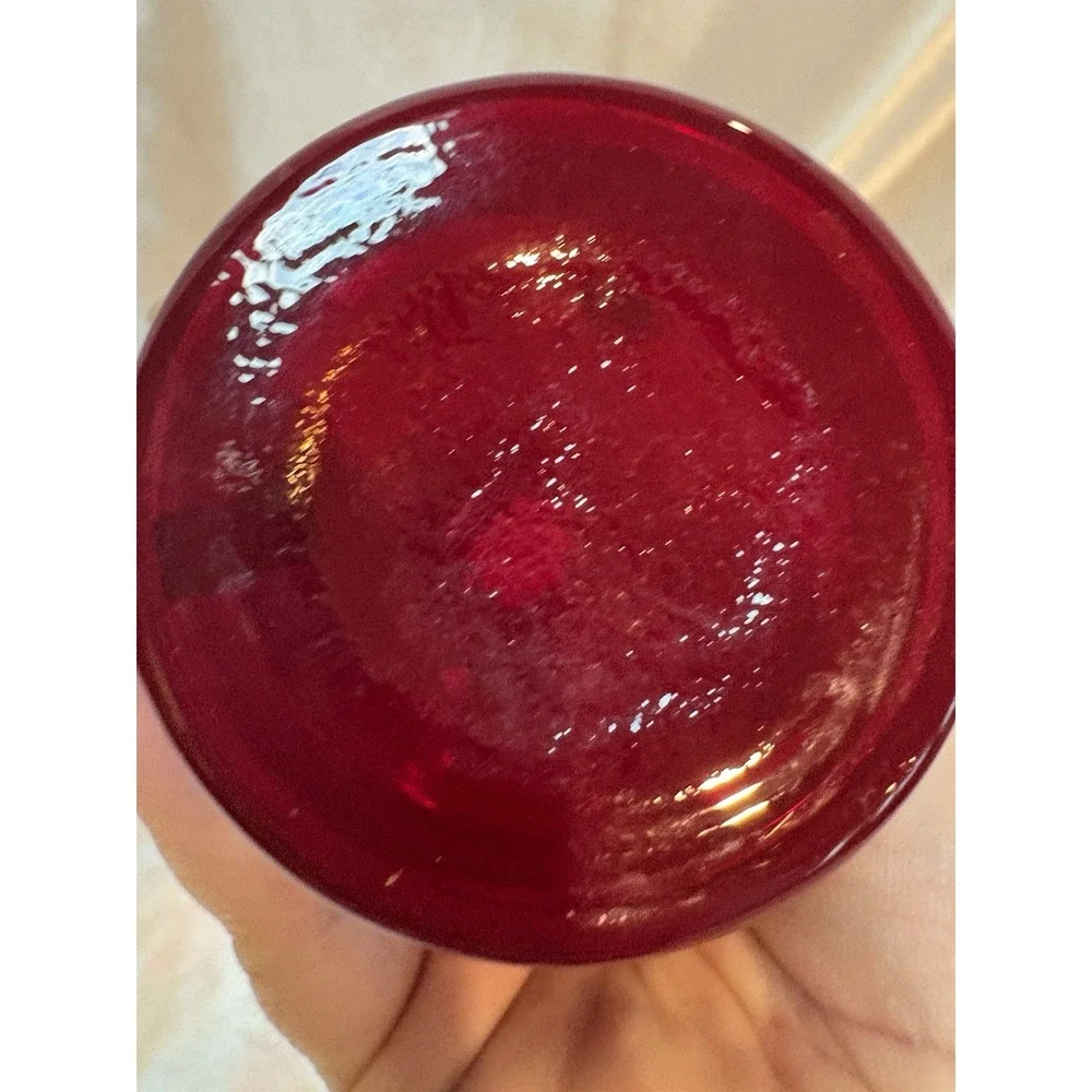 Vtg Hand Blown Ruby Red Glass Mini Pitcher With Clear Glass Handle